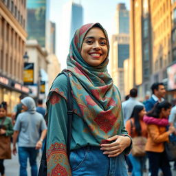 A serene and positive depiction of a woman wearing a colorful hijab, standing confidently in a bustling urban environment