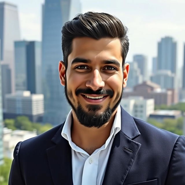 A portrait of Lotfi Hassan Lotfi Mohamed, a charismatic man in his early 30s, with dark hair and a neat beard, wearing a stylish navy blazer over a white shirt