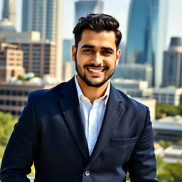 A portrait of Lotfi Hassan Lotfi Mohamed, a charismatic man in his early 30s, with dark hair and a neat beard, wearing a stylish navy blazer over a white shirt