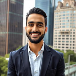 A portrait of Lotfi Hassan Lotfi Mohamed, a charismatic man in his early 30s, with dark hair and a neat beard, wearing a stylish navy blazer over a white shirt