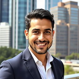 A portrait of Lotfi Hassan Lotfi Mohamed, a charismatic man in his early 30s, with dark hair and a neat beard, wearing a stylish navy blazer over a white shirt