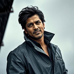 A portrait of a charismatic Indian actor, resembling Shah Rukh Khan, wearing a stylish raincoat