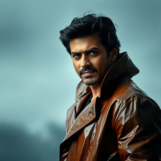 A portrait of a charismatic Indian actor, resembling Shah Rukh Khan, wearing a stylish raincoat