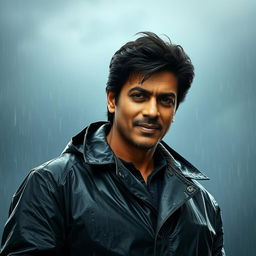 A portrait of a charismatic Indian actor, resembling Shah Rukh Khan, wearing a stylish raincoat
