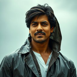 A portrait of a charismatic Indian actor, resembling Shah Rukh Khan, wearing a stylish raincoat