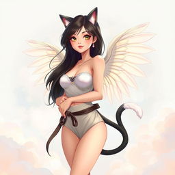 A full-body illustration of a beautiful woman with long black hair, showcasing her delicate angel wings and a playful cat tail wrapped around her waist