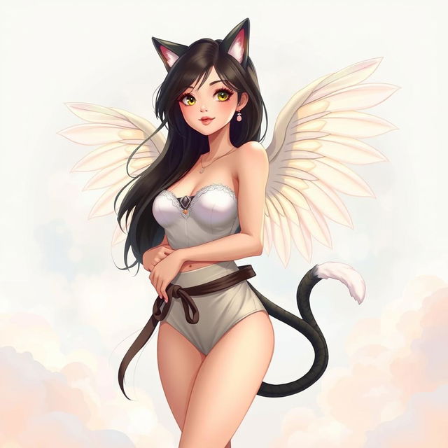 A full-body illustration of a beautiful woman with long black hair, showcasing her delicate angel wings and a playful cat tail wrapped around her waist