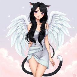 A full-body illustration of a beautiful woman with long black hair, showcasing her delicate angel wings and a playful cat tail wrapped around her waist