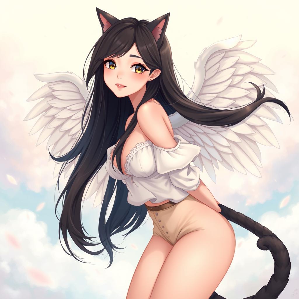 A full-body illustration of a beautiful woman with long black hair, showcasing her delicate angel wings and a playful cat tail wrapped around her waist