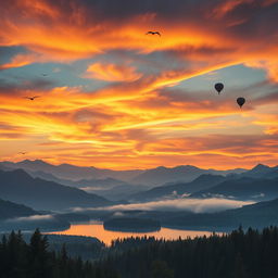 a stunning cinematic background featuring a dramatic sunset over a vast mountain range with colorful clouds reflecting warm hues