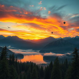 a stunning cinematic background featuring a dramatic sunset over a vast mountain range with colorful clouds reflecting warm hues