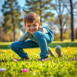 A young person with a playful expression, wearing tight blue jeans, crawling on all fours across a grassy park