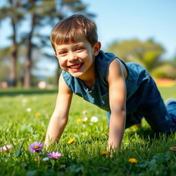 A young person with a playful expression, wearing tight blue jeans, crawling on all fours across a grassy park