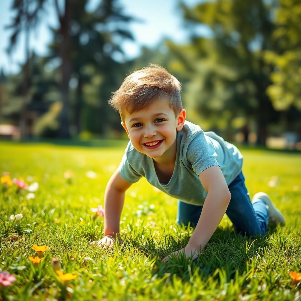 A young person with a playful expression, wearing tight blue jeans, crawling on all fours across a grassy park