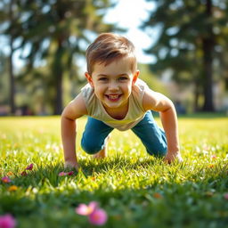 A young person with a playful expression, wearing tight blue jeans, crawling on all fours across a grassy park