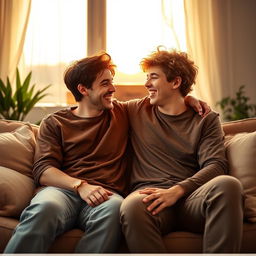 A heartwarming scene depicting two young adult men sharing a cozy moment together, sitting on a plush sofa in a warmly lit living room