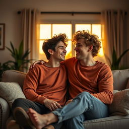 A heartwarming scene depicting two young adult men sharing a cozy moment together, sitting on a plush sofa in a warmly lit living room