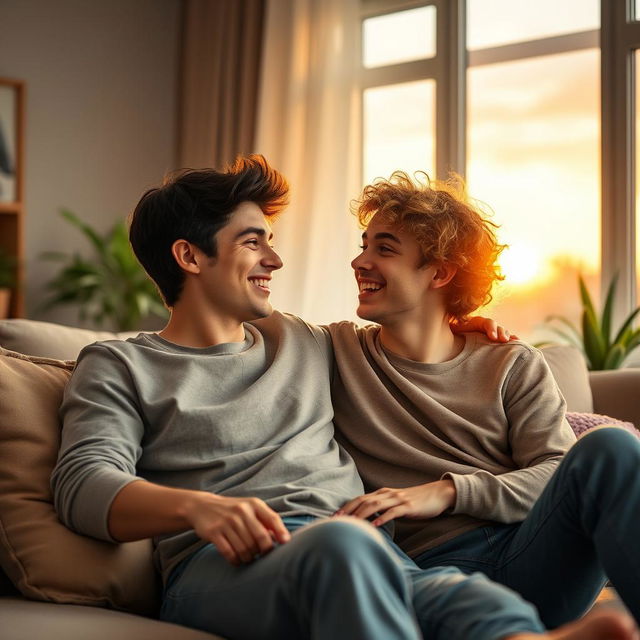 A heartwarming scene depicting two young adult men sharing a cozy moment together, sitting on a plush sofa in a warmly lit living room