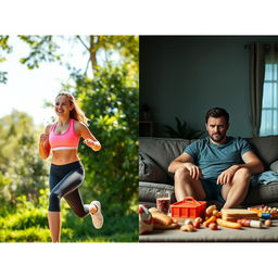 A split scene showing a healthy person on the left and an unhealthy person on the right