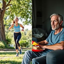A split scene showing a healthy person on the left and an unhealthy person on the right