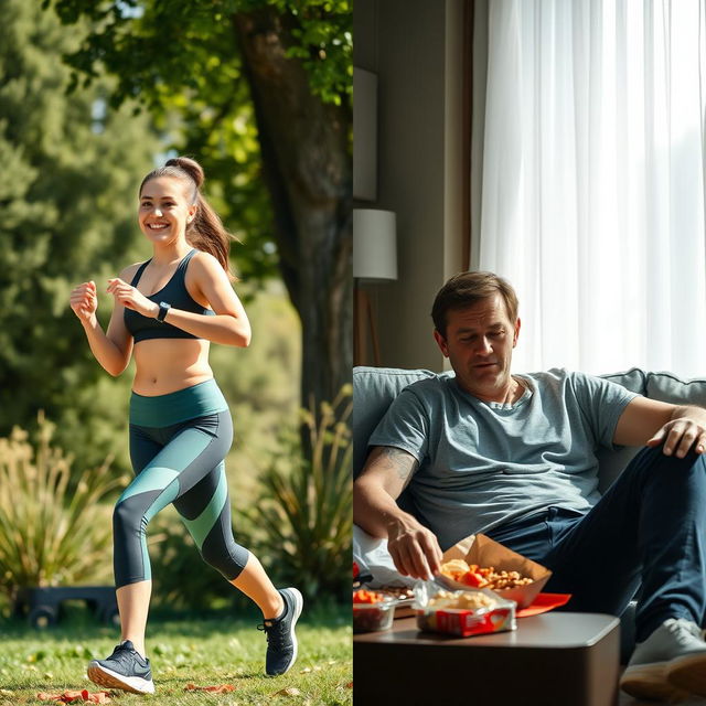 A split scene showing a healthy person on the left and an unhealthy person on the right