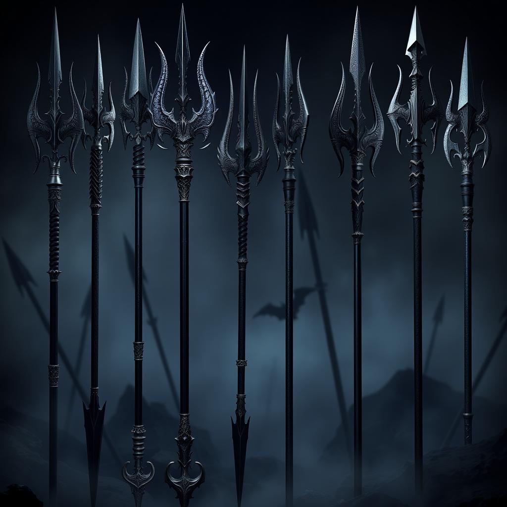 A collection of dark dragon inspired lances and polearms, featuring intricate designs reminiscent of dragon scales and claws