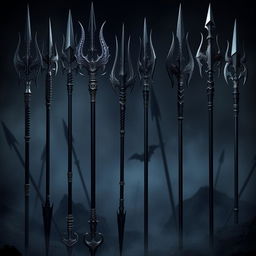 A collection of dark dragon inspired lances and polearms, featuring intricate designs reminiscent of dragon scales and claws