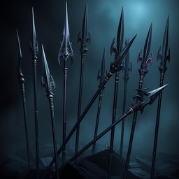A collection of dark dragon inspired lances and polearms, featuring intricate designs reminiscent of dragon scales and claws