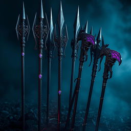 A collection of dark dragon inspired lances and polearms, featuring intricate designs reminiscent of dragon scales and claws