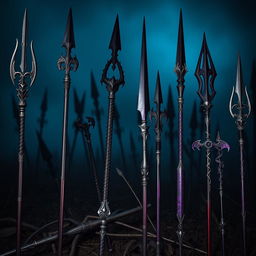 A collection of dark dragon inspired lances and polearms, featuring intricate designs reminiscent of dragon scales and claws