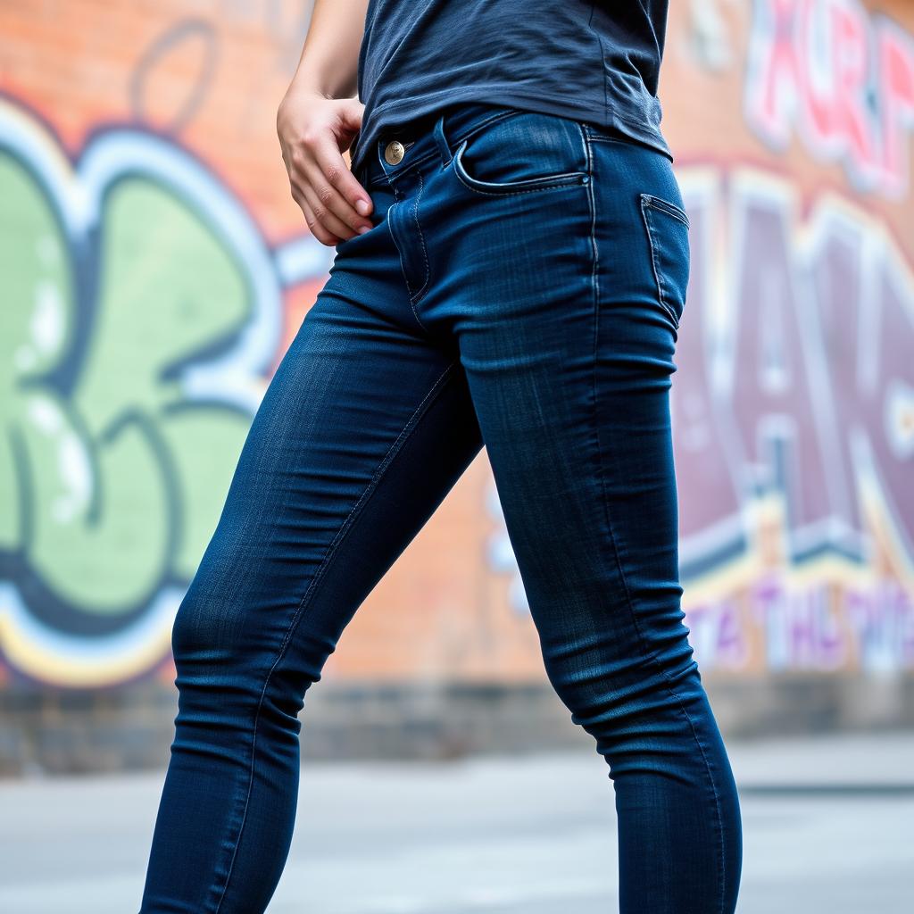 A stylish young adult wearing tight jeans, confidently posing with one hand on their hip