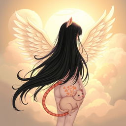 A full-body illustration of a beautiful woman with long black hair, showcasing delicate angel wings