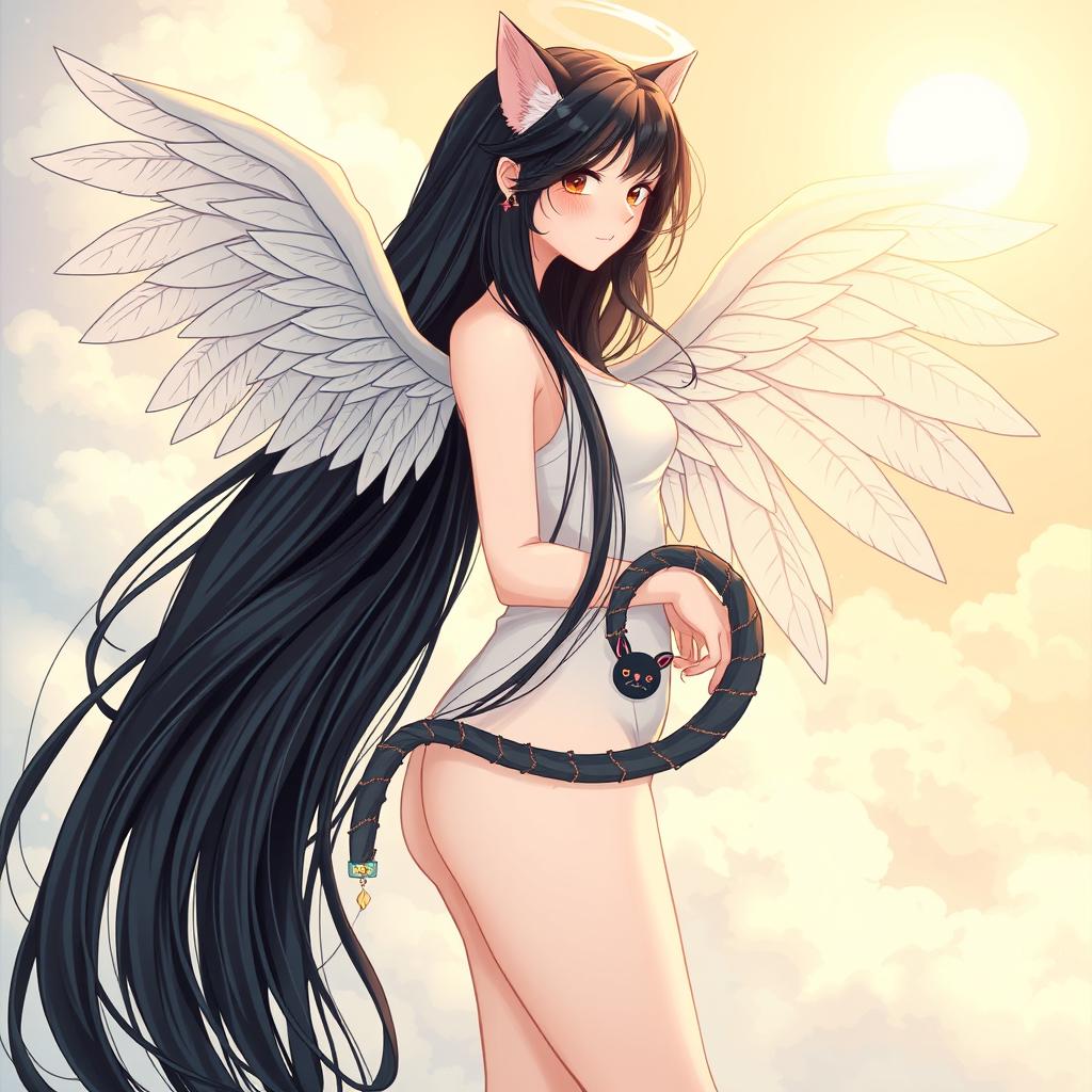 A full-body illustration of a beautiful woman with long black hair, showcasing delicate angel wings