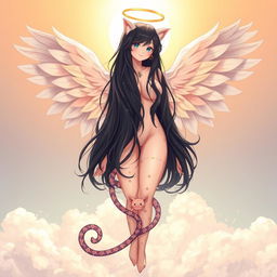 A full-body illustration of a beautiful woman with long black hair, showcasing delicate angel wings