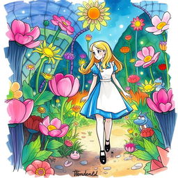 A whimsical sketch illustration featuring Alice from Wonderland walking through a vibrant, lush garden filled with oversized flowers and peculiar plants