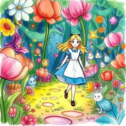 A whimsical sketch illustration featuring Alice from Wonderland walking through a vibrant, lush garden filled with oversized flowers and peculiar plants