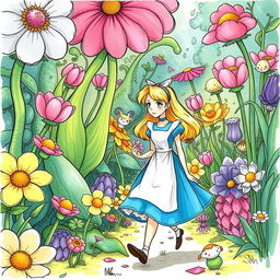 A whimsical sketch illustration featuring Alice from Wonderland walking through a vibrant, lush garden filled with oversized flowers and peculiar plants