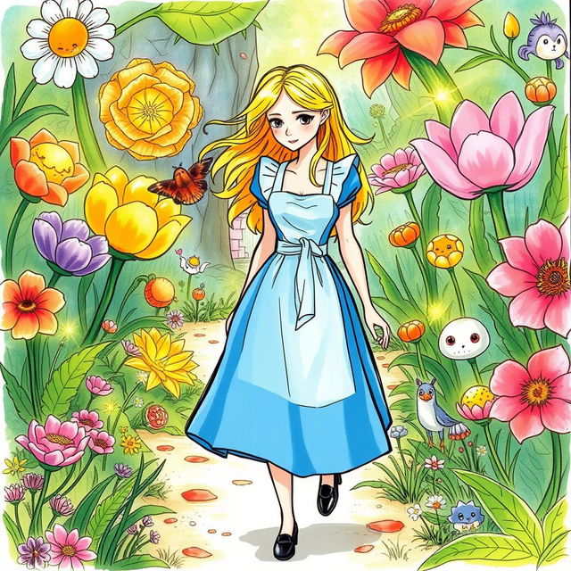 A whimsical sketch illustration featuring Alice from Wonderland walking through a vibrant, lush garden filled with oversized flowers and peculiar plants