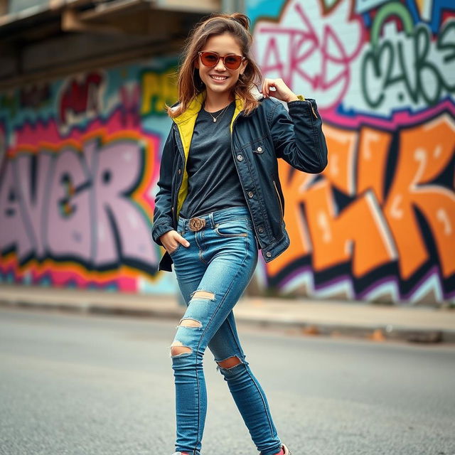 A stylish young person wearing a trendy outfit featuring tight jeans