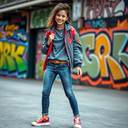 A stylish young person wearing a trendy outfit featuring tight jeans