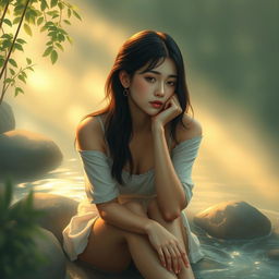 A serene and introspective young woman depicted in a tasteful and artistic manner, sitting in a peaceful setting that reflects her inner thoughts