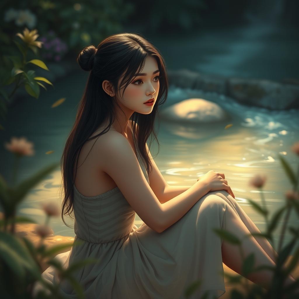 A serene and introspective young woman depicted in a tasteful and artistic manner, sitting in a peaceful setting that reflects her inner thoughts