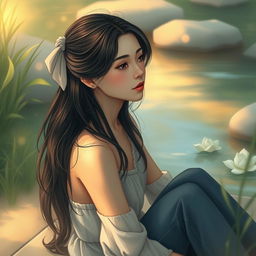 A serene and introspective young woman depicted in a tasteful and artistic manner, sitting in a peaceful setting that reflects her inner thoughts