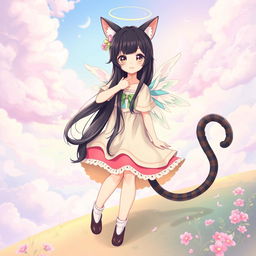 A full-body illustration of a beautiful girl with black hair, featuring cute angelic wings and a cat tail curled like a spring