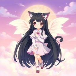 A full-body illustration of a beautiful girl with black hair, featuring cute angelic wings and a cat tail curled like a spring