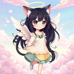 A full-body illustration of a beautiful girl with black hair, featuring cute angelic wings and a cat tail curled like a spring