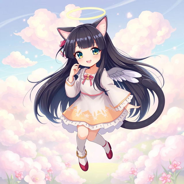 A full-body illustration of a beautiful girl with black hair, featuring cute angelic wings and a cat tail curled like a spring