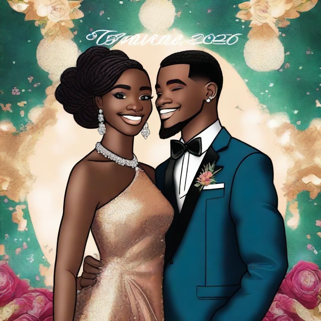 A high-quality digital art image depicting Azizah and Derris in stylish prom attire