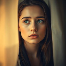 A contemplative young woman captured in an artistic moment of introspection, surrounded by a serene environment that emphasizes her emotional state