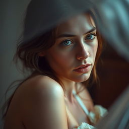 A contemplative young woman captured in an artistic moment of introspection, surrounded by a serene environment that emphasizes her emotional state